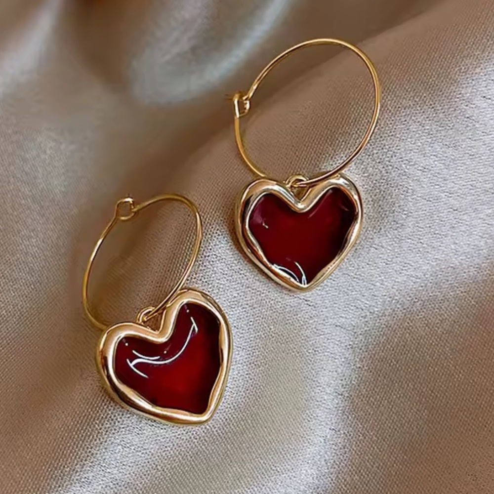 Red Heart Drop Earrings – Gold Tone Romantic Statement Earrings - Picture 4 of 5